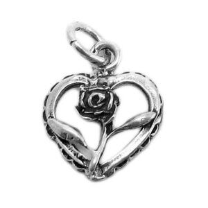 WONDERFUL SMALL ROSE IN OPEN HEART CHARM IN STERLING SILVER